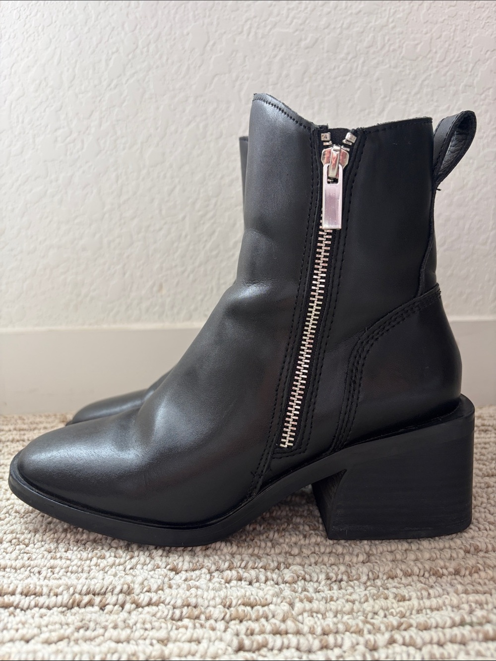 Steve Madden Black Leather Zip-Accent Ankle Booties